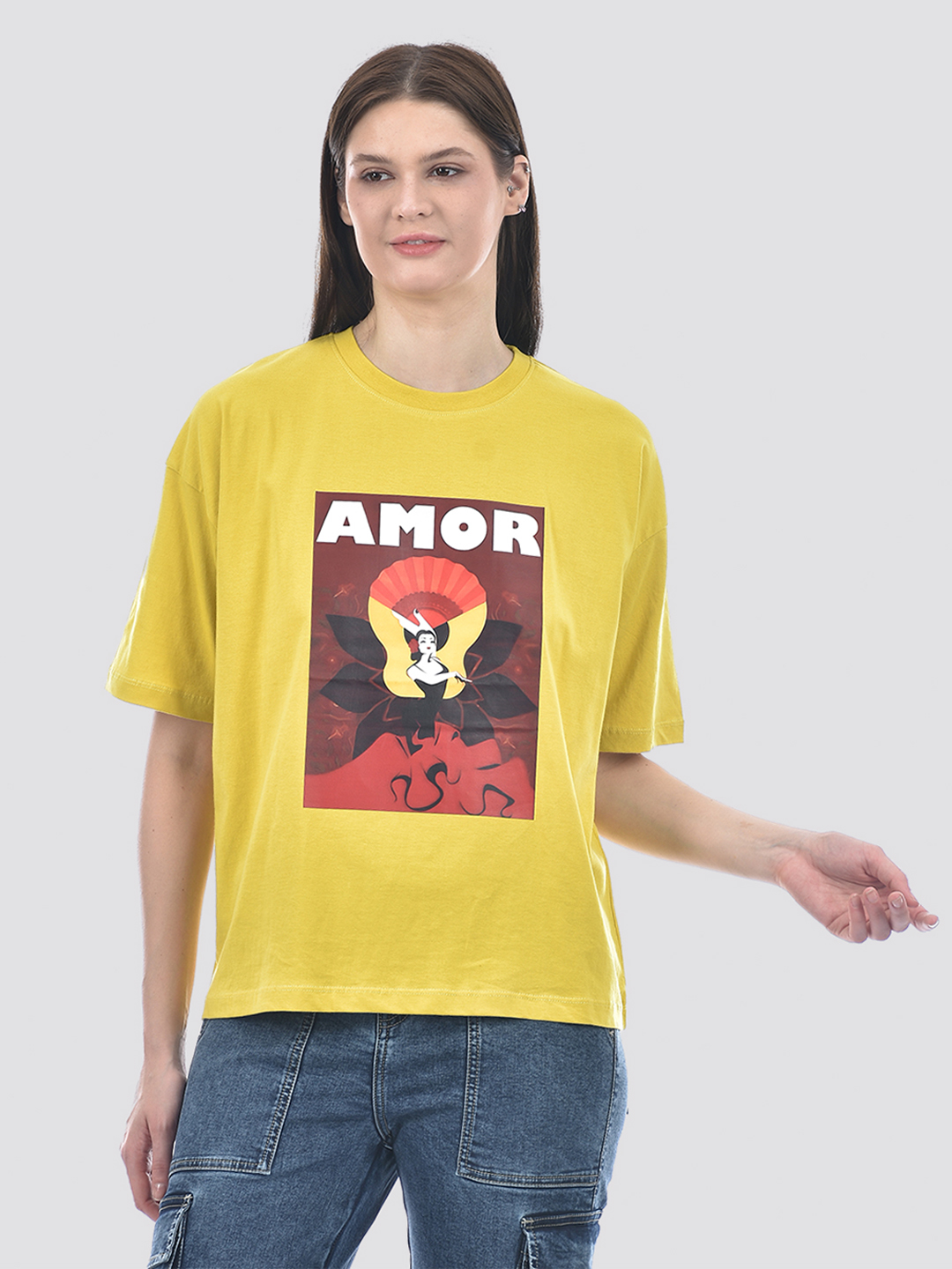 Numero Uno Women Yellow Round Neck Oversize Fit T-Shirt